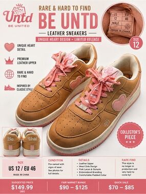 Rare UNTD Be United Leather Sneakers Men’s Size 12 Tan Pink Heart Low Top